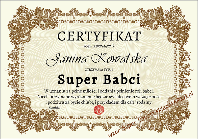 Certyfikat Super Babcia - wypełniony